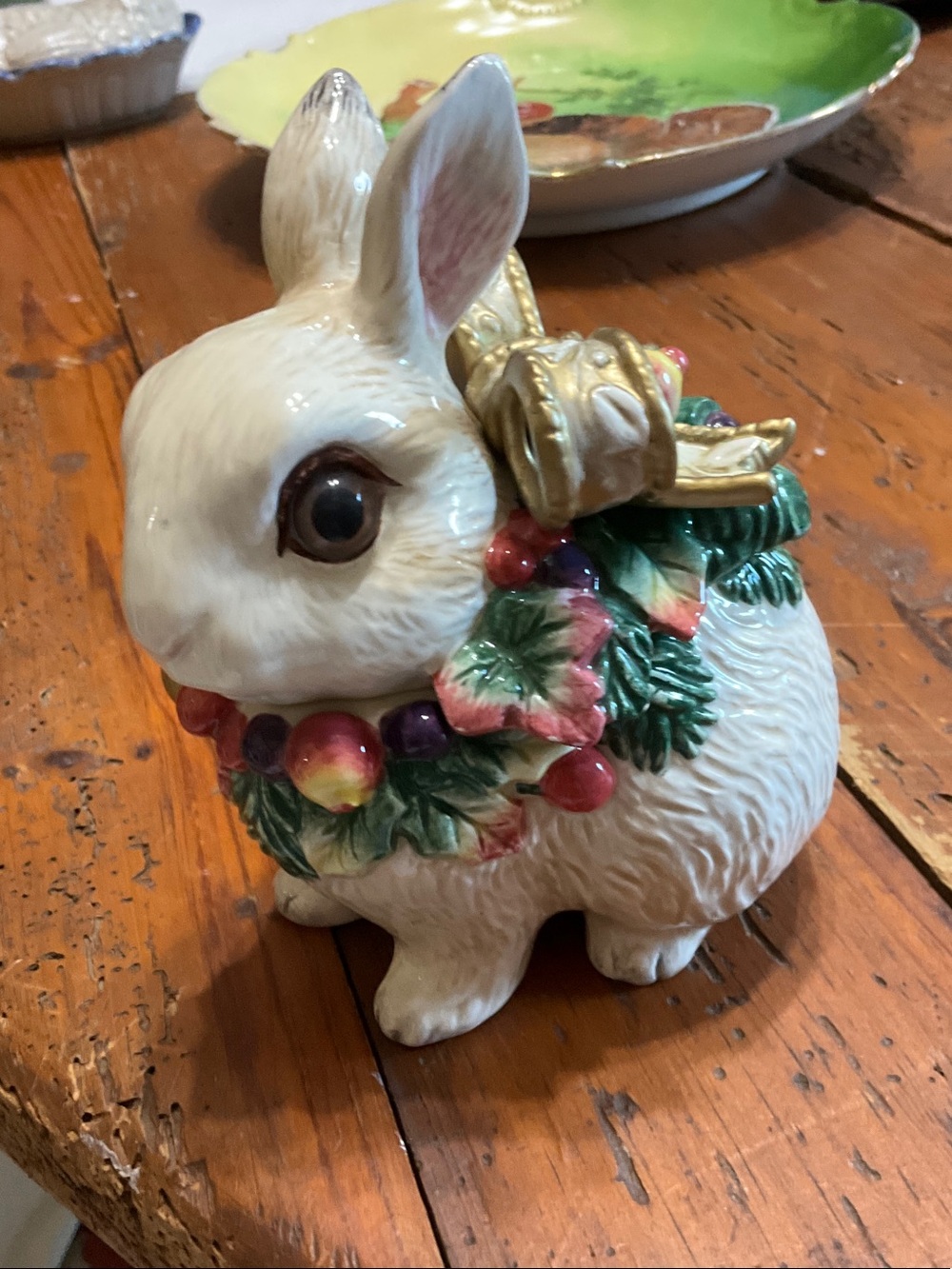 Fitz & Floyd Festive White Ceramic Bunny Figurine with Colorful Garland